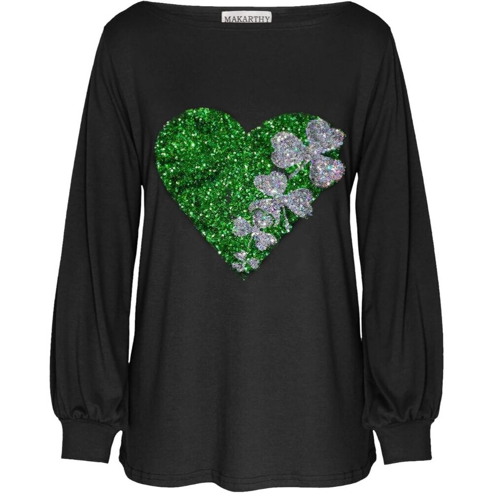 Women's Black Shamrock Casual Long Puff Sleeve Boat Neck T Shirts Tunic Top - Picture 2 of 4